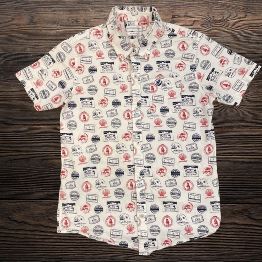 Southern Proper Kids XL 16 Button Down Shirt White Nautical Coastal Stamp Print‎